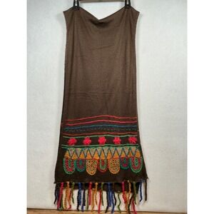Boho Embroidered Knit Fringe Scarf Shawl Brown Multi Color Tribal Pattern 19x75"